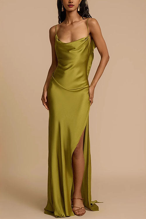 Trixiedress High Slit Back Drape Cascading Satin Maxi Cami Dress
