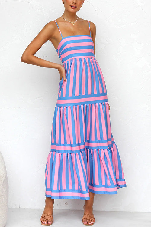 Trixiedress Spaghetti Strap Tiered Color Block Striped Maxi Dress