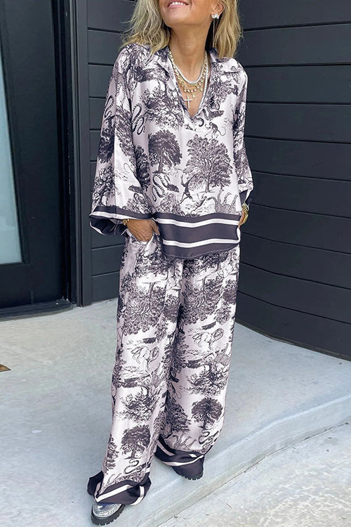 Trixiedress Lapel V Neck Long Sleeves Shirt Wide Leg Pants Printed Casual Set