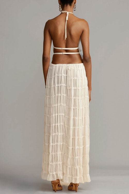 Trixiedress Frilled Halter Open Back Crop Top and Pleated Maxi Skirt Set