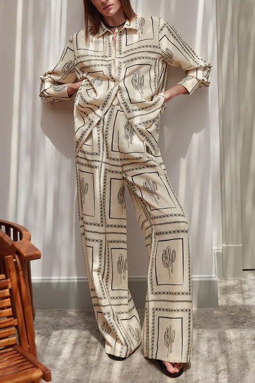 Trixiedress Cactus Print Lapel Long Sleeves Shirt Elastic Waist Wide Leg Pants Set