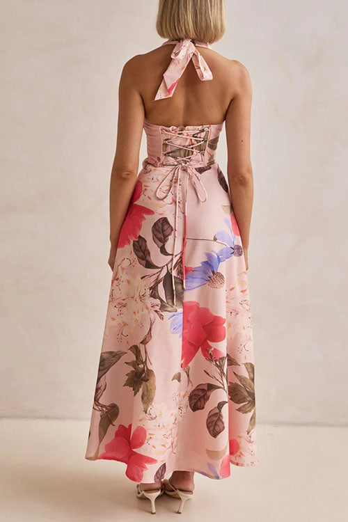 Halter V Neck Lace-up Waisted Floral Print Maxi Dress