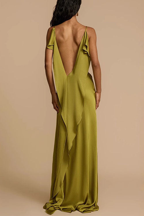 Trixiedress High Slit Back Drape Cascading Satin Maxi Cami Dress