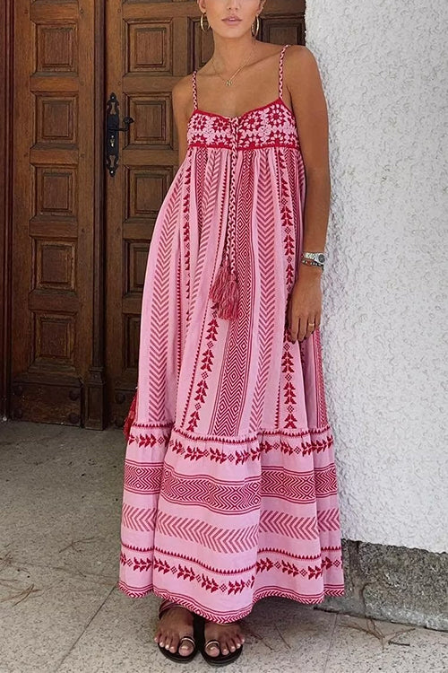 Trixiedress Tassel Crochet Hollow Out Splice Printed Ruffle Maxi Cami Dress