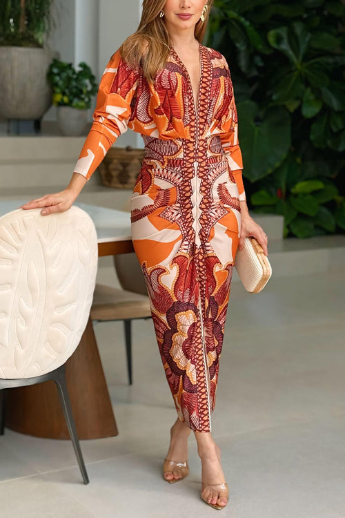 Trixiedress V Neck Long Sleeves Ruched Slit Printed Midi Dress