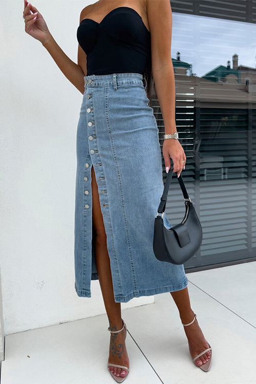 Trixiedress Button Down Slit Midi Denim Skirt