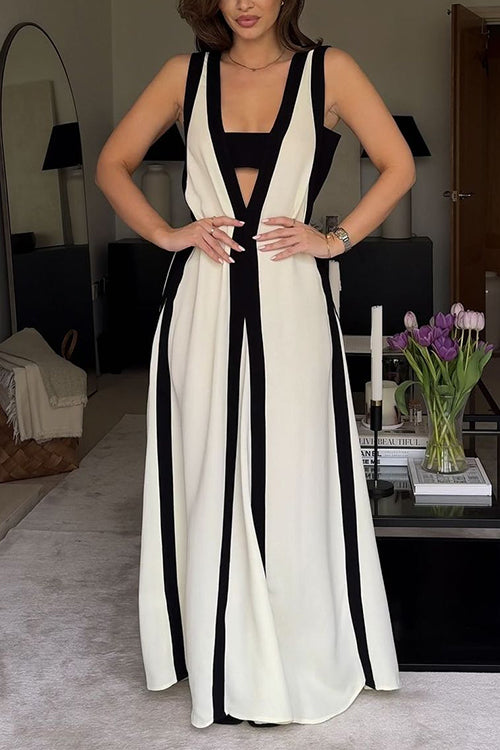 Trixiedress Deep V Neck Sleeveless Color Block Maxi Swing Dress