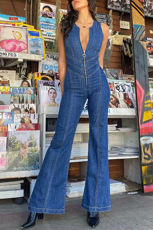 Trixiedress Zip Up Sleeveless Heart Back Bell Bottom Denim Jumpsuit