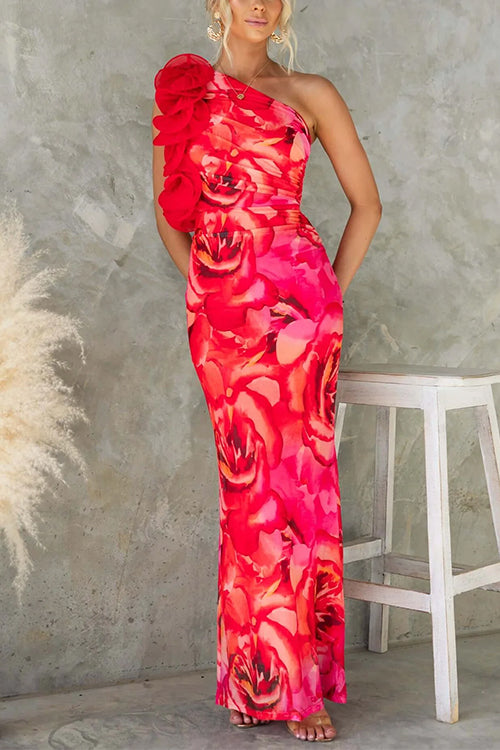 Trixiedress Ruffle One Shoulder Floral Print Bodycon Maxi Dress