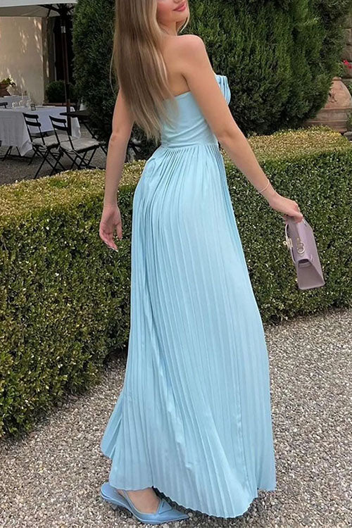 Trixiedress Strapless V Neck Corset Pleated Maxi Dress