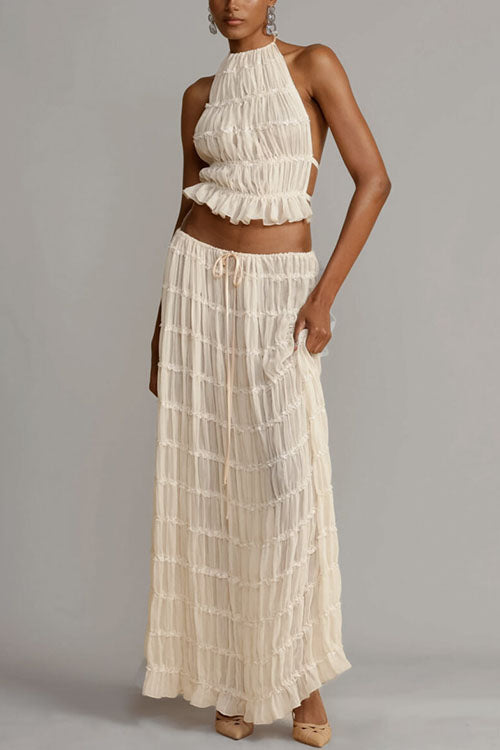 Trixiedress Frilled Halter Open Back Crop Top and Pleated Maxi Skirt Set