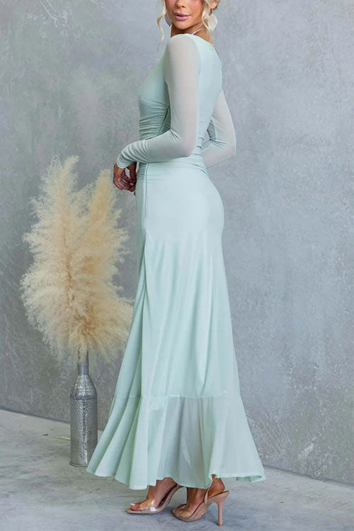 Asymmetric Shoulder Long Sleeves Slit Ruffle Maxi Dress