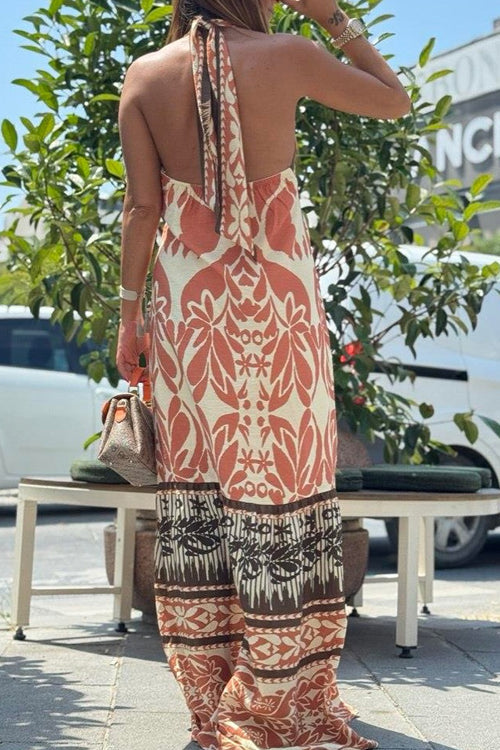 Criss Cross Halter Open Back Printed Maxi Vacation Dress