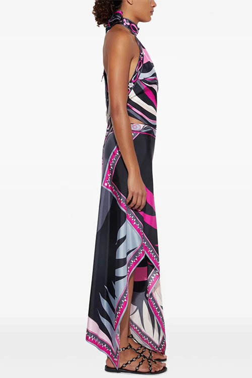 Trixiedress Printed Halter Tie Knot Backless Top and Irregular Hem Maxi Skirt Set