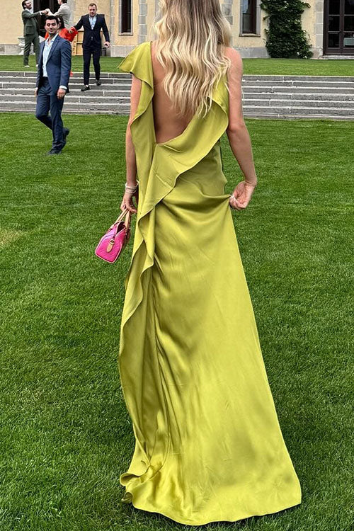 Trixiedress High Slit Back Drape Cascading Satin Maxi Cami Dress