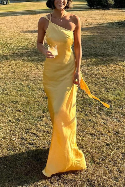 Trixiedress One Shoulder Open Back Tie Knot Satin Maxi Dress