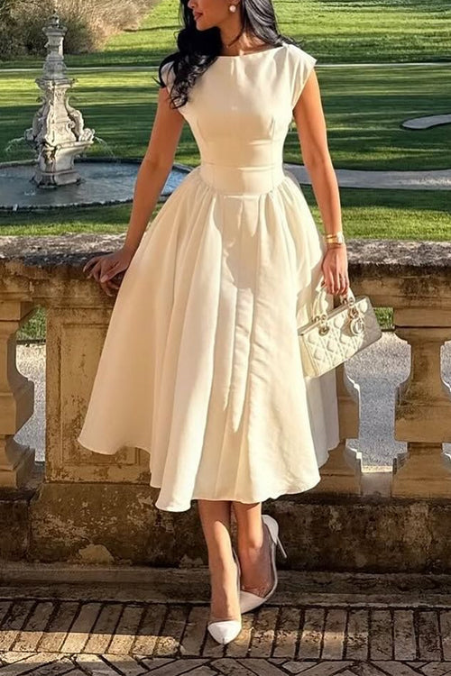 Trixiedress Cap Sleeves Open Back Waisted Swing Midi Dress