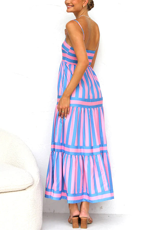 Trixiedress Spaghetti Strap Ruffle Tiered Color Block Striped Maxi Dress