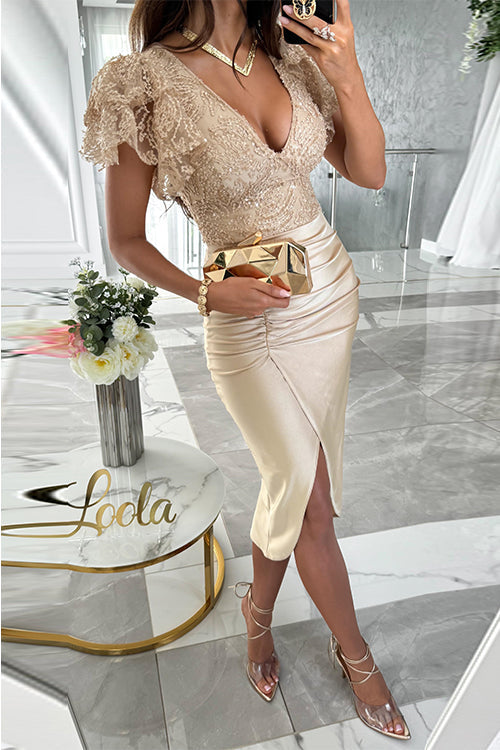 Trixiedress V Neck Flare Sleeves Slit Bodycon Sequin Midi Dress