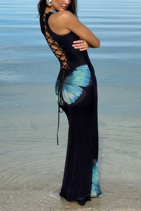 Trixiedress Back Lace-up Sleeveless Butterfly Print Maxi Dress