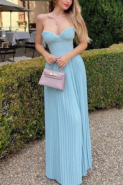 Trixiedress Strapless V Neck Corset Pleated Maxi Dress
