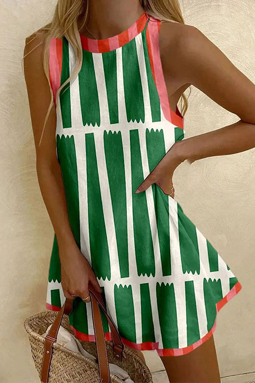 Trixiedress Round Neck Color Block Striped Mini Tank Dress