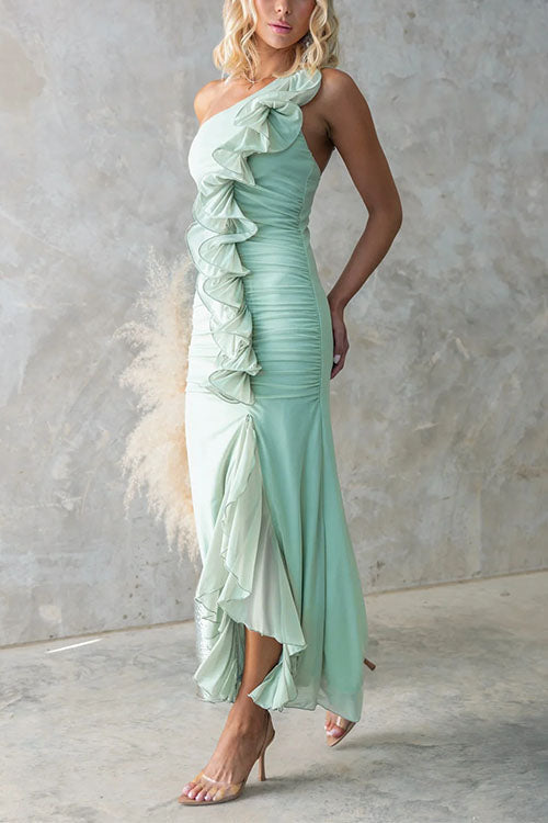 Trixiedress One Shoulder Slit Ruched Ruffle Mesh Maxi Dress