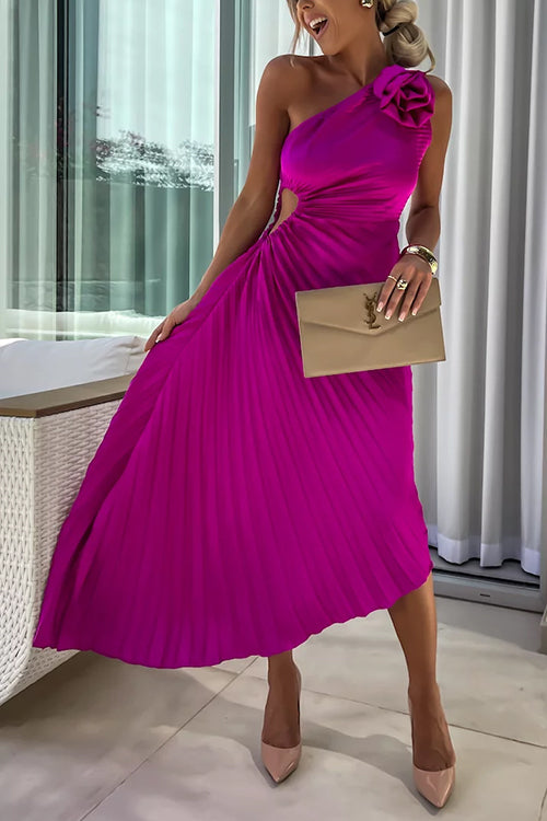 Trixiedress 3D Rose One Shoulder Cut Out Waist Asymmetric Hem Pleated Maxi Dress
