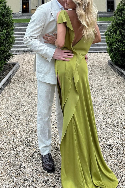 Trixiedress High Slit Back Drape Cascading Satin Maxi Cami Dress