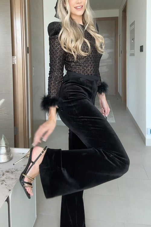 Trixiedress Feather Cuffs Bell Bottom Velvet Splice Jumpsuit
