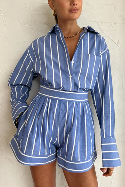 Trixiedress Striped Long Sleeves Curve Hem Shirt and High Rise Shorts Set