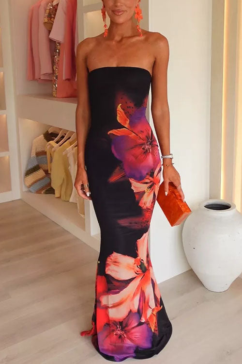 Strapless Tube Bodycon Floral Maxi Dress