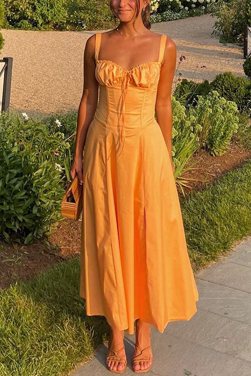 Trixiedress Drawstring Neck Slit Bustier Midi Cami Dress