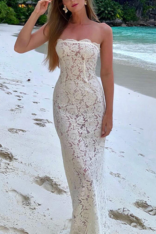 Trixiedress Strapless Lace Hollow Out Bodycon Maxi Dress