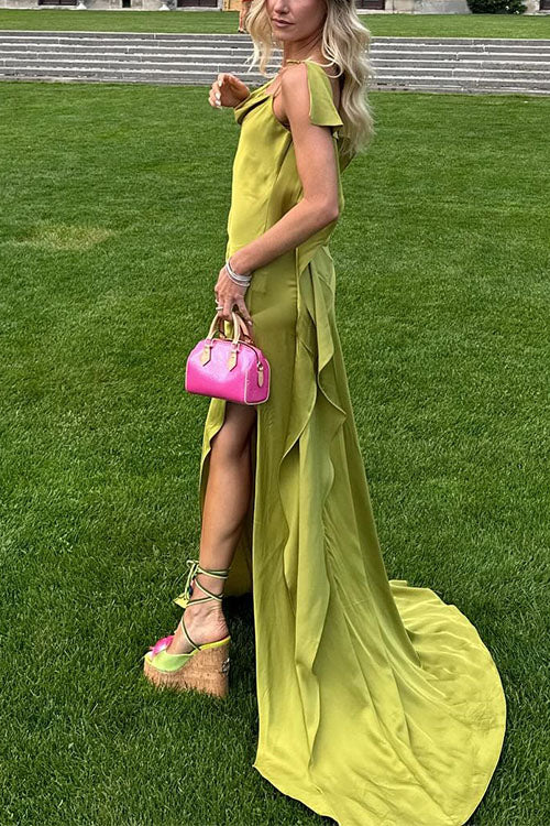 Trixiedress High Slit Back Drape Cascading Satin Maxi Cami Dress