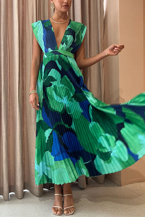 Trixiedress V Neck Waisted Back Cut Out Printed Maxi Pleated Dress