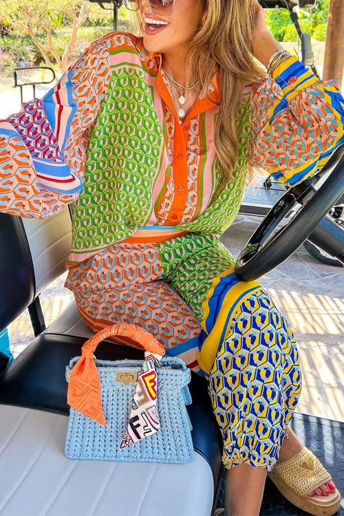 Trixiedress Unique Print Balloon Sleeves Button Up Shirt Elastic Waist Jogger Pants Holiday Set