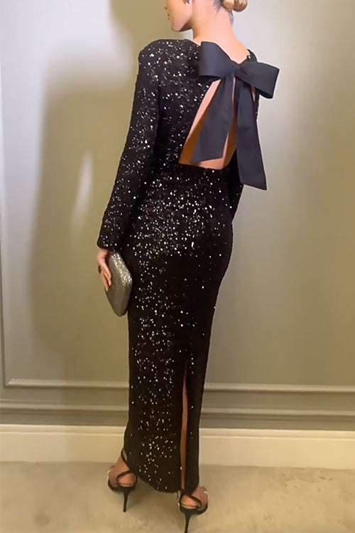 Trixiedress Bow Backless Sequin Bodycon Maxi Party Dress
