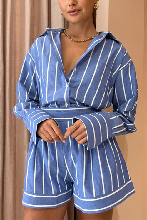 Trixiedress Striped Long Sleeves Curve Hem Shirt and High Rise Shorts Set