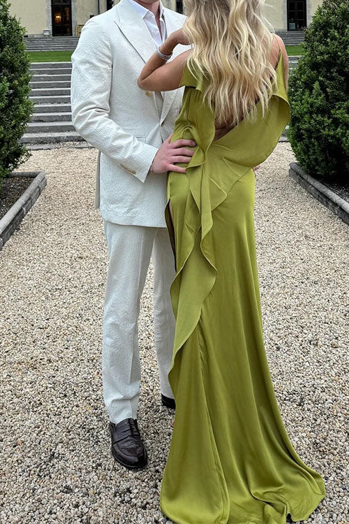 Trixiedress High Slit Back Drape Cascading Satin Maxi Cami Dress