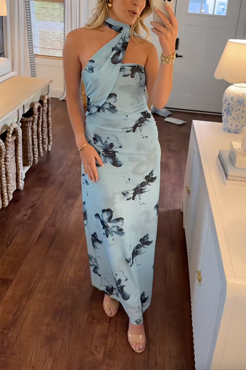 Trixiedress Halter Sleeveless Floral Print Mesh Maxi Dress