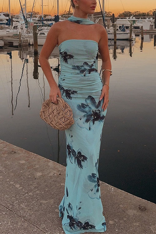 Trixiedress Strapless Tube Floral Print Bodycon Maxi Dress
