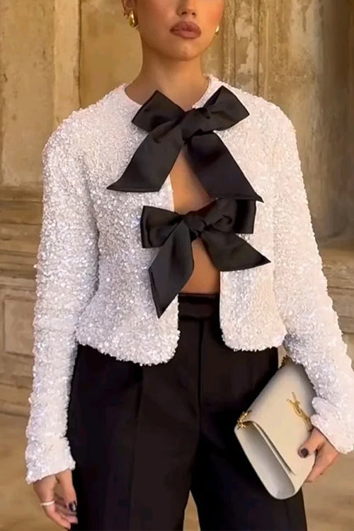 Trixiedress Long Sleeves Bow Knot Glitter Sequin Top