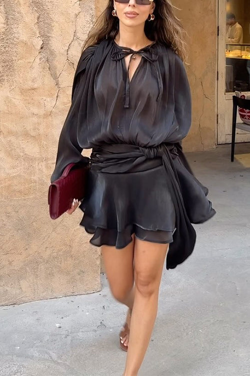 Trixiedress Long Sleeves Lace-up Tie Waist Ruffle Mini Dress