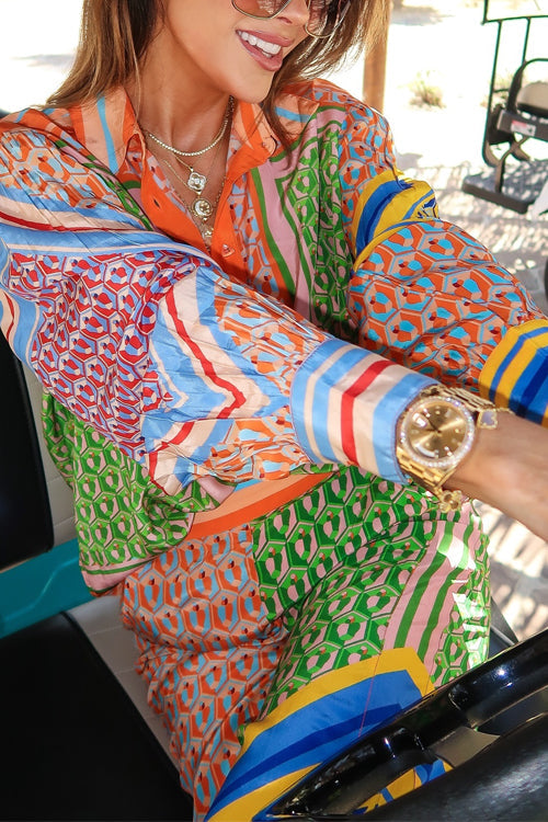 Trixiedress Unique Print Balloon Sleeves Button Up Shirt Elastic Waist Jogger Pants Holiday Set