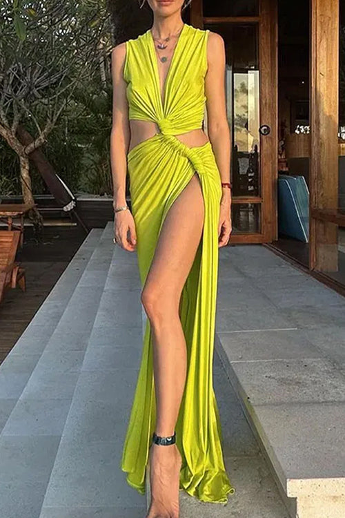 Trixiedress V Neck Knot Front Cut Out High Slit Sleeveless Maxi Dress