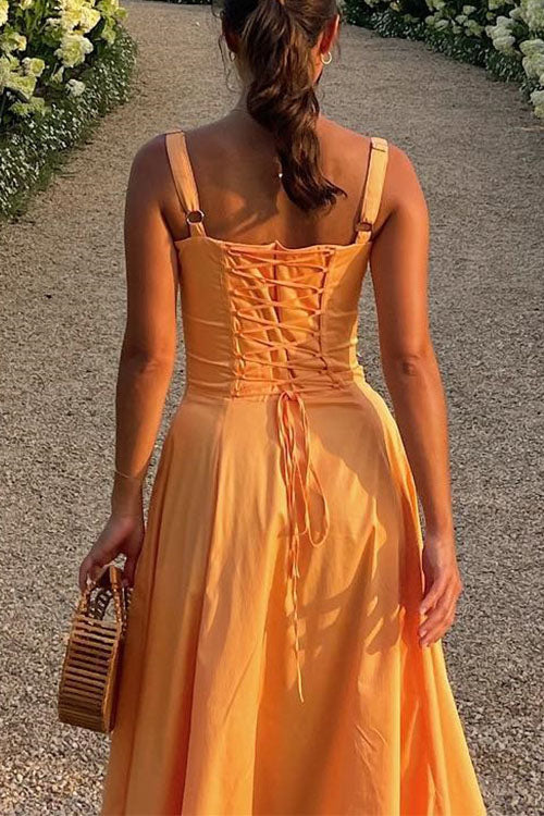 Trixiedress Drawstring Neck Slit Bustier Midi Cami Dress