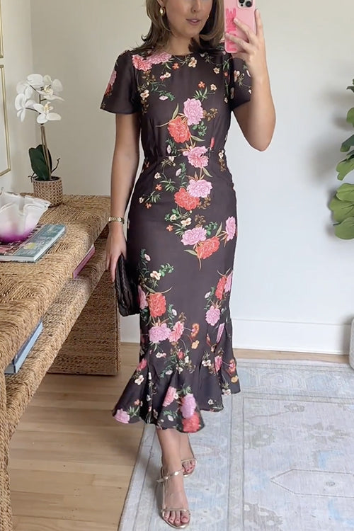 Crewneck Short Sleeves Floral Print Ruffle Hem Midi Dress