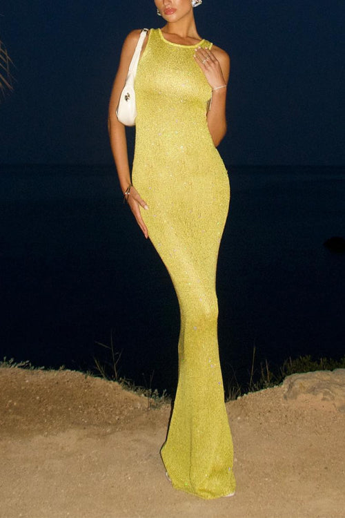 Trixiedress Round Neck Sleeveless Bodycon Glitter Maxi Party Dress