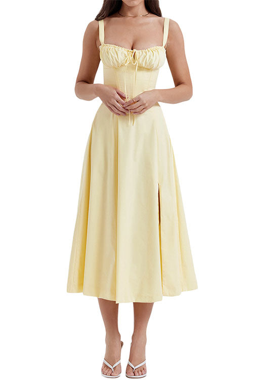 Trixiedress Drawstring Neck Slit Bustier Midi Cami Dress